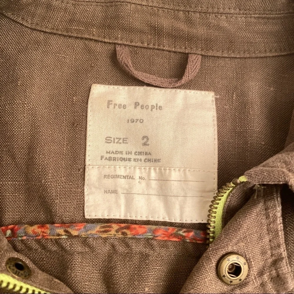 Free People olive Military Platoon linen full zip and snap utility jacket